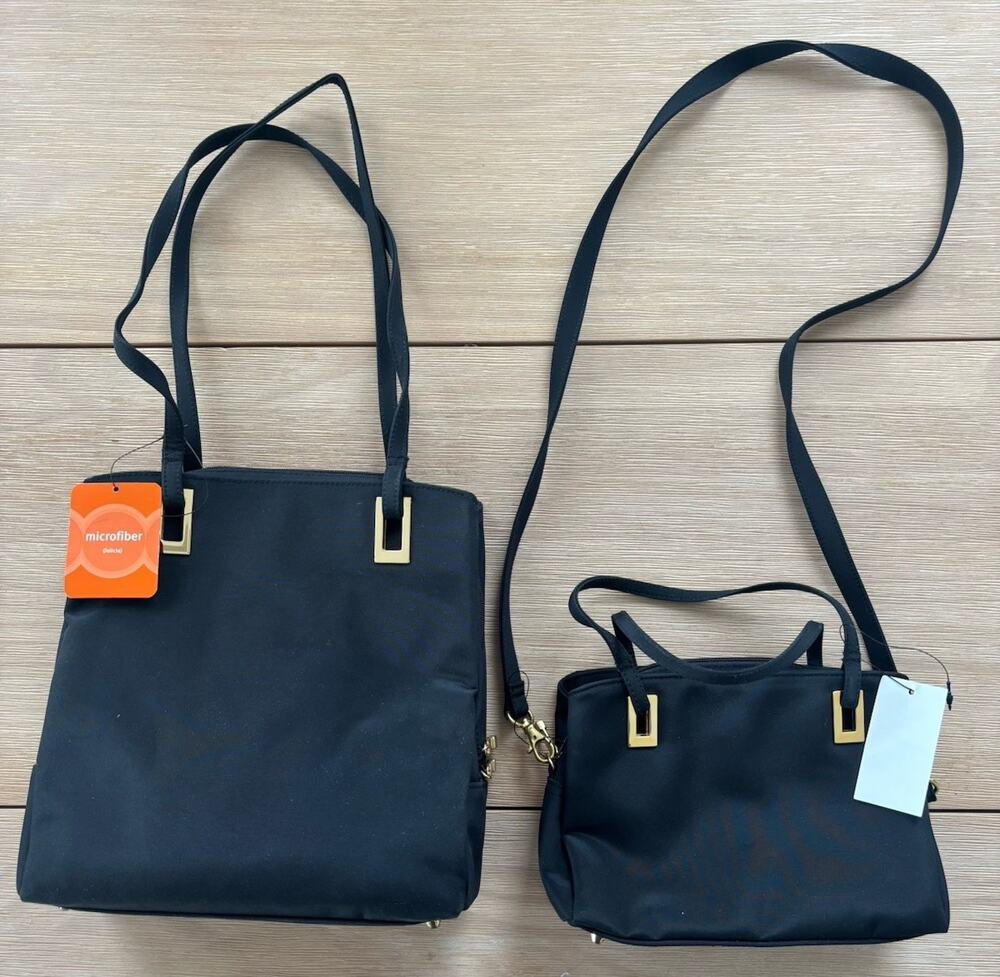 NWT Set Of 2 Black Microfiber Tote And Shoulder/Hand Bag Gold Hardware Zipper